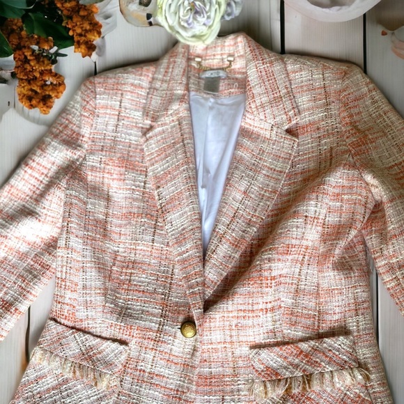 CACHE Women's Tweed Blazer Jacket Size 10” casual 3/4 sleeve Pink/orange/white - Picture 8 of 14